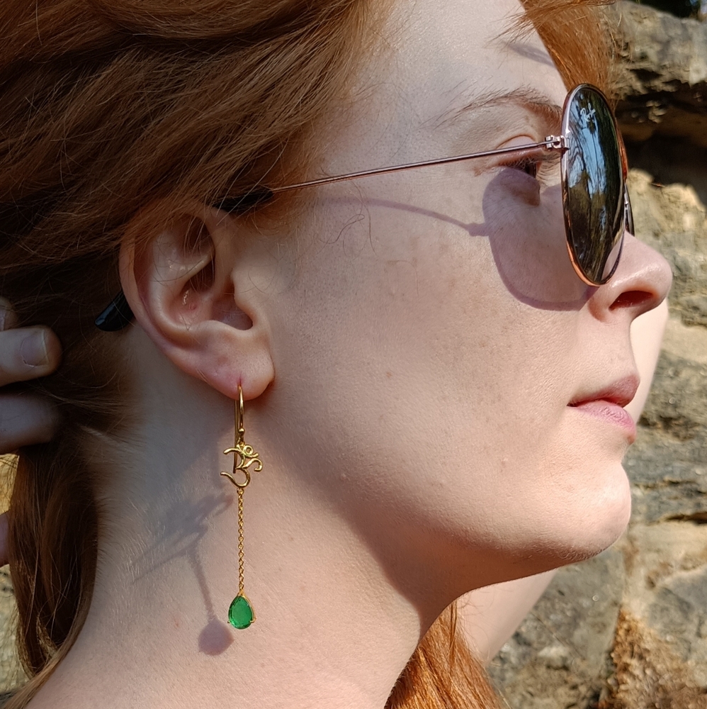925 Sterling Silver Emerald Om Earrings – Delicate 18k Gold Plated Gift for Her